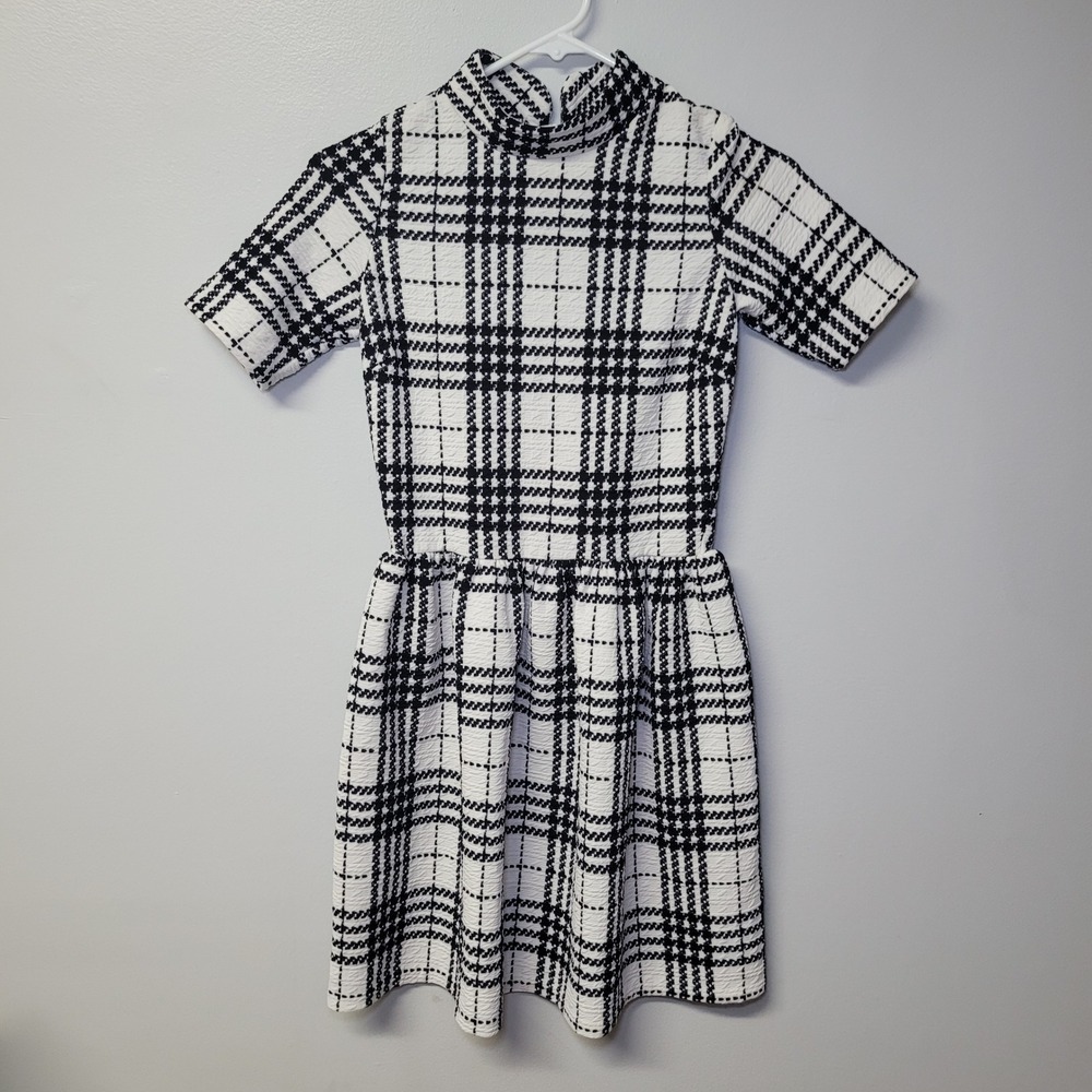 Love Ady Girls Black White Plaid Mock Neck Short Sleeve Fit & Flare Dress‎ Small
